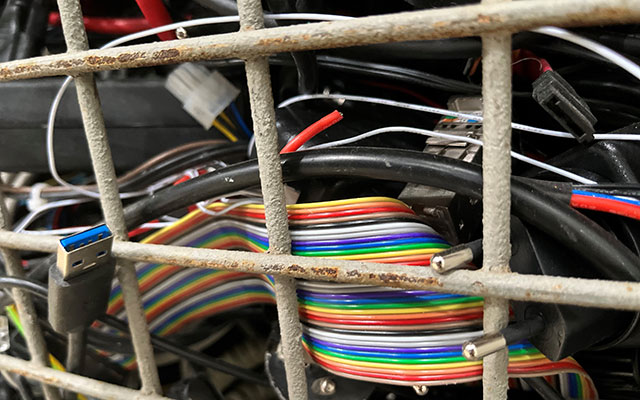 WR-Recycling - bunte Kabel in einer Gitterbox